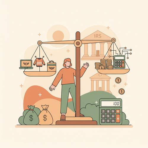 Flat design illustration showing a person balancing income from various side hustles on a tax scale, with a calculator and money, representing the tax implications of side hustles.