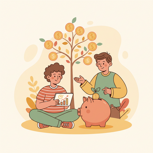 A teen using a tablet with financial charts, a parent pointing to a piggy bank and money tree, illustrating teaching financial literacy to teens.