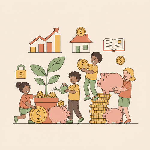 Diverse children learning about money, from saving in piggy banks to understanding investments, illustrating age-appropriate financial lessons for teaching kids about money.