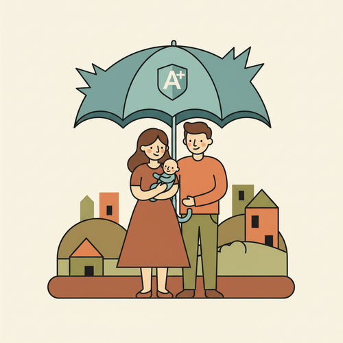 Flat design illustration depicting a young family, including new parents and a baby, protected by an abstract insurance umbrella, symbolizing term life insurance for new parents.
