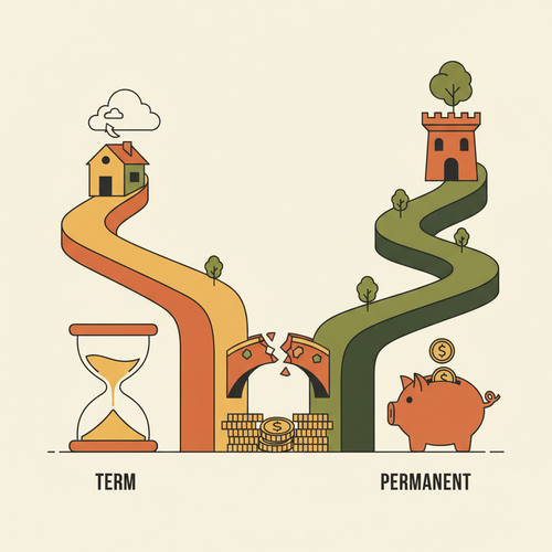 Illustration comparing term vs. permanent life insurance, showing two different financial paths.