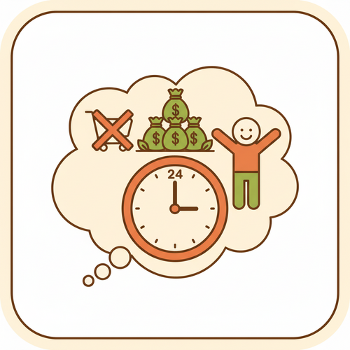Illustration of the 24-hour rule, showing a clock, a crossed-out shopping cart, and growing money bags, representing curbing impulse buying and saving money.