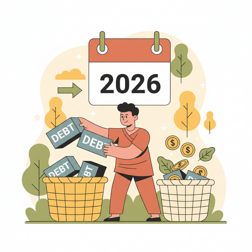 A cartoon illustration showing a successful balance transfer with 0% APR credit cards, representing debt consolidation and financial freedom in 2026.