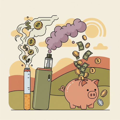An illustration comparing the cost of smoking vs vaping, showing money flowing out of a cigarette and a vape, and money being saved in a piggy bank.
