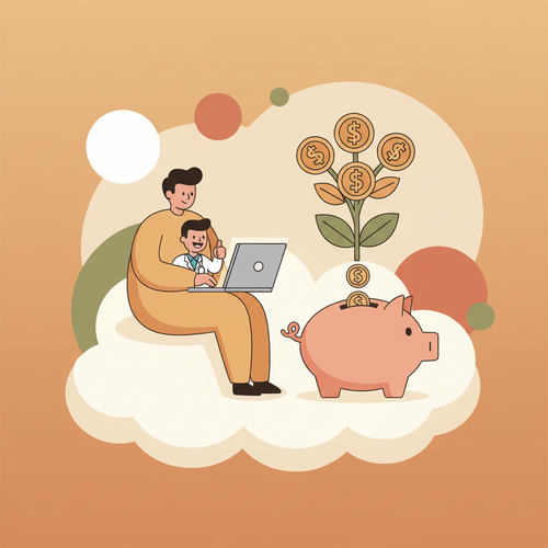 Illustration showing the financial benefits of telemedicine, with a person saving money through virtual doctor visits.