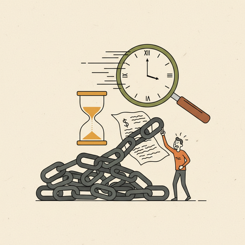 Illustration showing the true cost of debt with a person struggling against a heavy debt chain while a clock ticks, highlighting the hazards of minimum payments.
