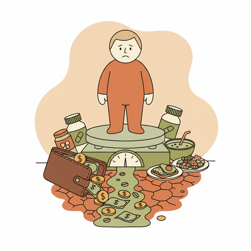 Illustration showing the financial impact of fad diets, with money leaving a wallet due to diet pills and supplements.