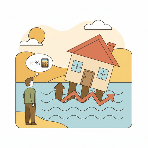 A flat design illustration showing a house being affected by rising interest rates, symbolizing the challenge to housing affordability in 2026.