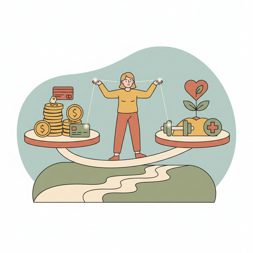 Illustration of a person balancing money bags and health symbols, representing the link between financial stress and physical health and the need for balance.