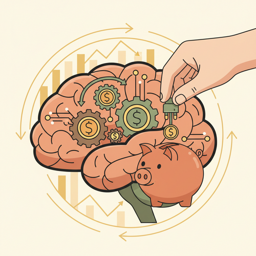Illustration of a brain with gears and circuits, representing rewiring thought processes for saving money. A hand is guiding a circuit to a piggy bank, symbolizing financial transformation and control for Rewire Your Brain for Saving.
