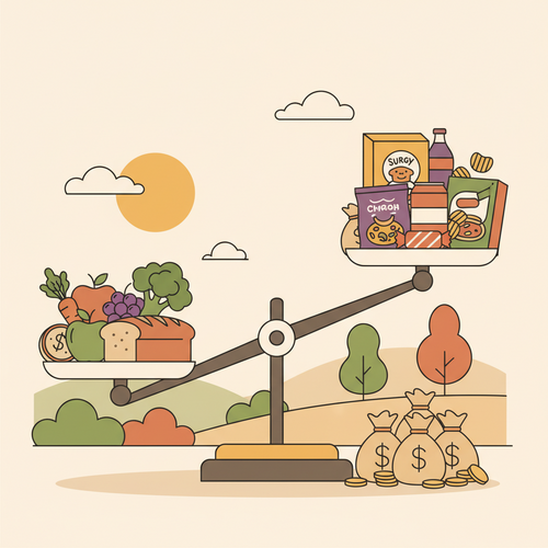 A flat design illustration showing a balance scale weighing the real cost of healthy eating (fresh produce, whole grains) against processed foods (packaged snacks, soda) with money bags, symbolizing a budget breakdown for financial wellness.