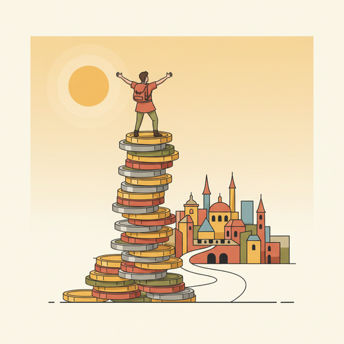 A flat design illustration representing smart financial planning for travel, with a person on a stack of coins overlooking European landmarks, highlighting affordable destinations Europe 2026.