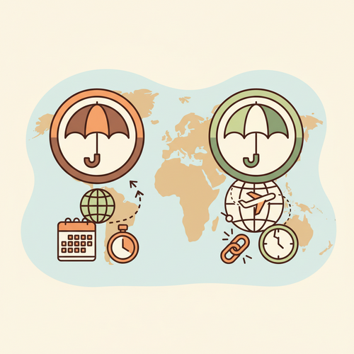 Illustration depicting the difference between trip cancellation and trip interruption insurance, showing two protective shields over a journey.