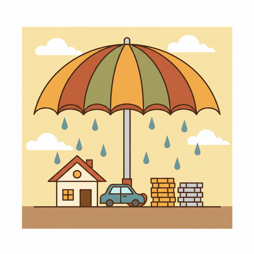 Flat design illustration of an umbrella policy protecting a house, car, and money from liability threats, symbolizing cheap protection for major assets.