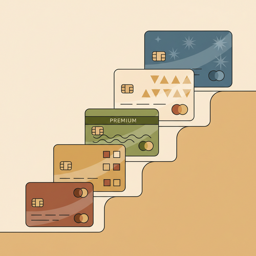 Illustration showing three distinct credit card tiers: Standard, World, and World Elite, representing different levels of benefits in personal finance.
