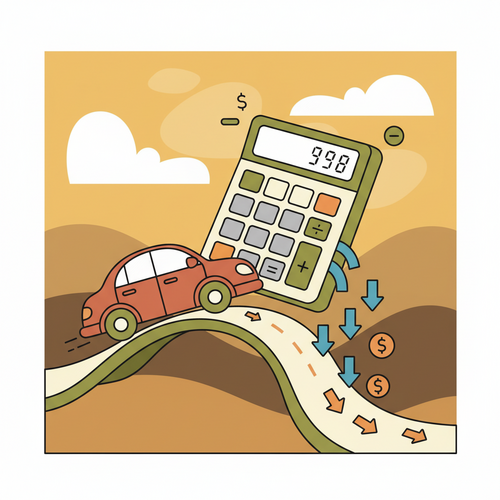 Illustration showing a calculator optimizing auto loan refinancing, with graphs depicting falling interest rates and savings for beginner investors.
