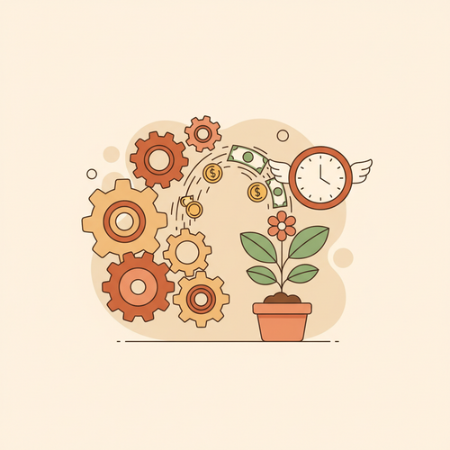 Flat design illustration of automated finance, showing gears turning, money flowing into a growing plant, and a clock representing time saved, symbolizing set-it-and-forget-it wealth building.