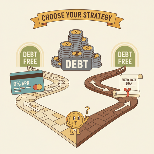 Illustration showing two paths, one for balance transfer and one for personal loan, demonstrating which pays off debt faster.