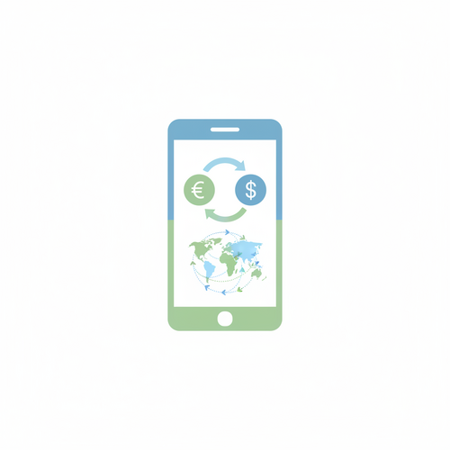 Illustration of best currency exchange apps on a smartphone screen, showing low fees for international travel.