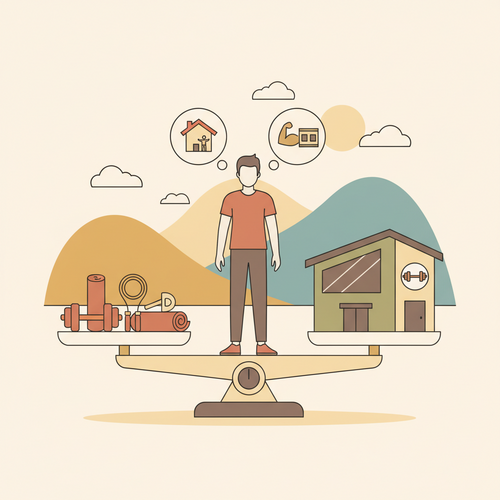 Illustration showing a person deciding on budget-friendly fitness options between home workouts and gym memberships.