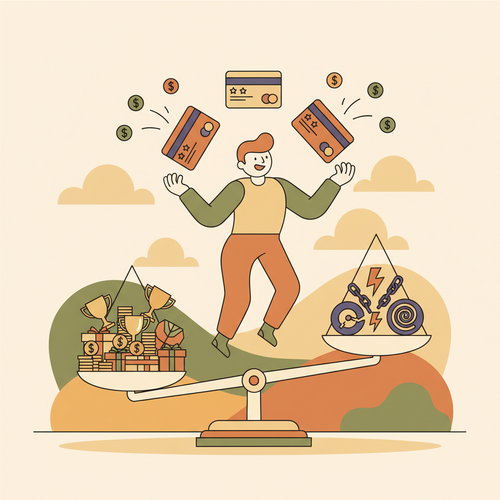 Illustration of a person juggling credit cards, representing the credit card churning risks and rewards for aggressive savers, with symbols of points and cash.
