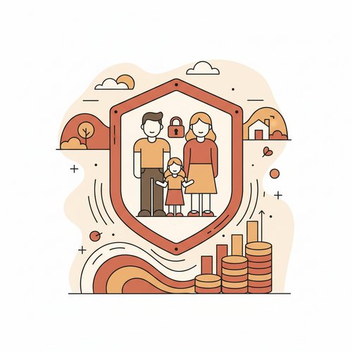 A family shielded by a digital security icon, representing Cyber Insurance for Families protecting their digital identity.