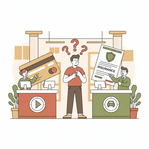 Illustration of a person weighing options for rental car insurance, considering personal auto, credit card, and rental company policies, debunking common rental car insurance myths.