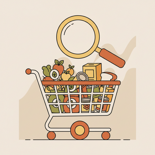 Illustration of a grocery cart balancing organic and conventional food, emphasizing smart choices for eating organic on a budget.