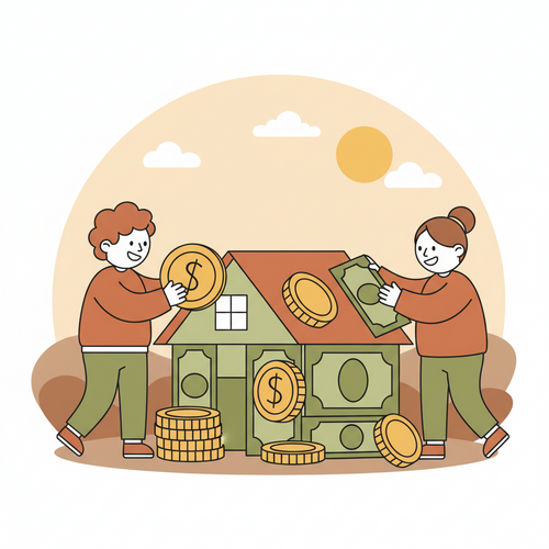 Two figures (a couple) collaboratively building a house out of coins and bills, symbolizing financial literacy for couples and shared financial goals.