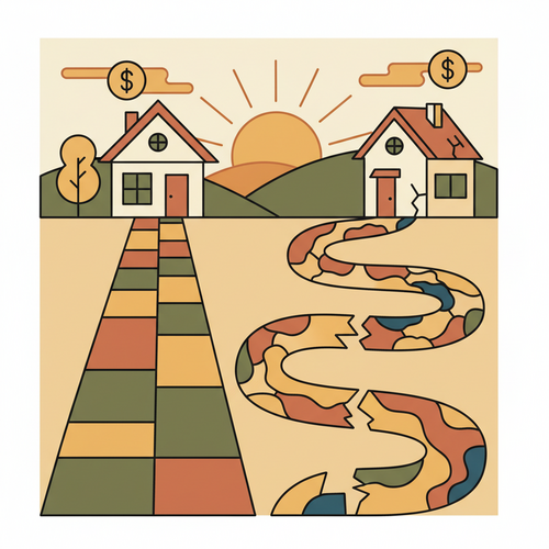 Illustration showing two paths, one stable and one wavy, representing fixed vs variable rate mortgages in 2026.