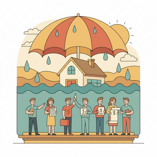 Illustration of a house with flood insurance coverage protecting it from rising water, highlighting the need for separate flood policies.