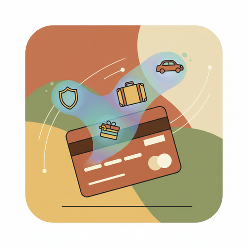 Illustration of a credit card revealing holographic icons representing hidden credit card perks like insurance, travel, and shopping benefits.