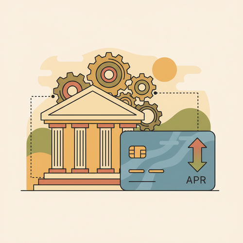 Illustration showing how Central Bank Policies Credit Card APR are immediately linked, with a central bank influencing credit card interest rates.
