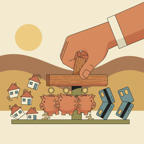 Illustration showing a large hand of the Federal Reserve influencing houses, piggy banks, and credit cards, representing how Fed rate decisions impact daily budgets.
