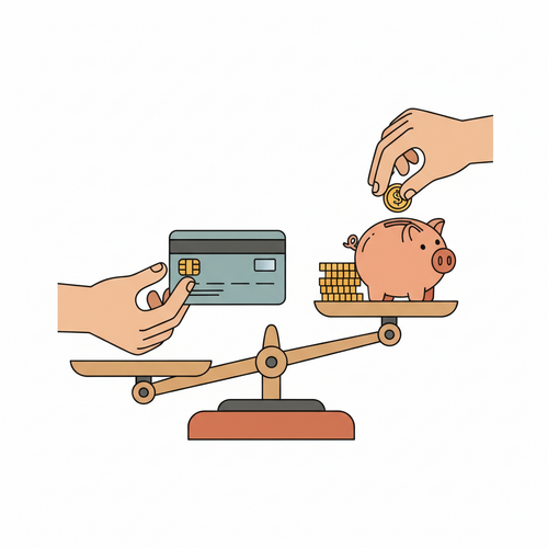 Illustration of balancing a first credit card with savings to avoid debt, emphasizing responsible financial choices.