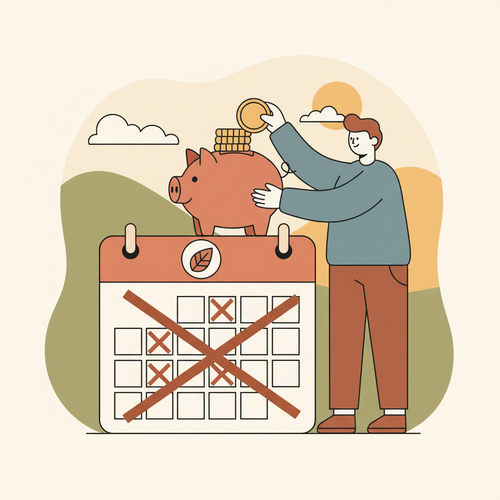 Flat design illustration of a person successfully completing a 'no-spend month challenge' by putting money into a piggy bank.