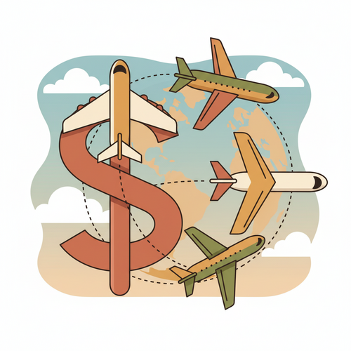 Flat design illustration showing connected airline alliance networks saving money on flights.