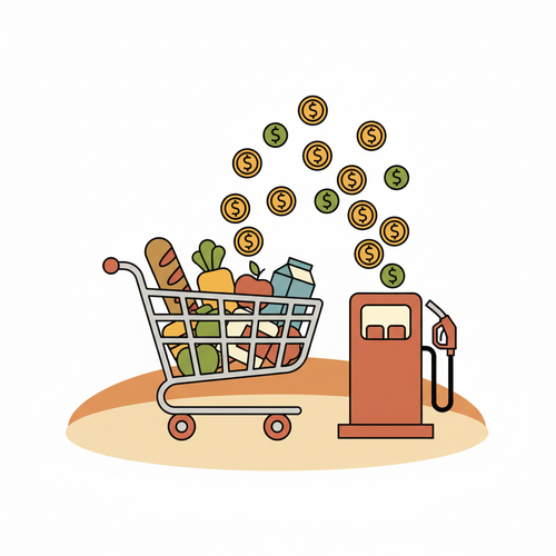 Illustration of a shopping cart and gas pump representing maximizing cash back on groceries and gas.