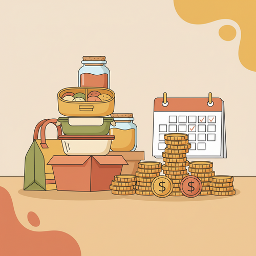 Illustration of various meal prepped containers and coins, representing meal prepping on a budget and saving money.