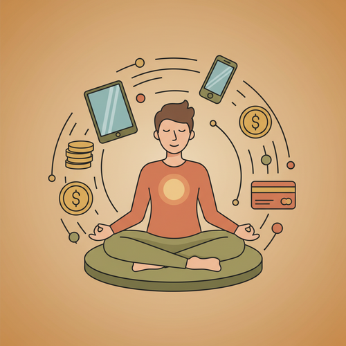 Illustration of a person meditating, surrounded by digital devices and subtle money symbols, representing the value of meditation app subscription worth.