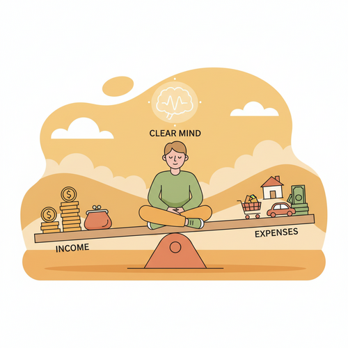 Illustration depicting mindful spending retail therapy, showing a person calmly managing finances with mental clarity.