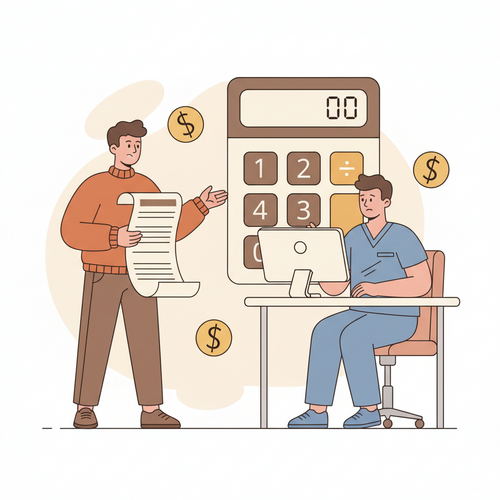 Illustration of a person confidently negotiating medical bills to lower healthcare costs
