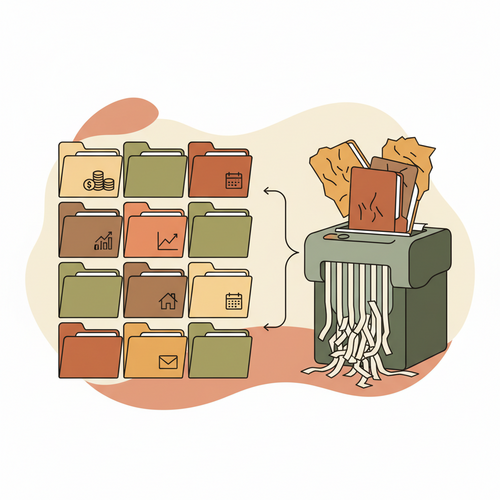 Illustration showing neatly organized file folders and a paper shredder, representing the process of organizing financial documents.