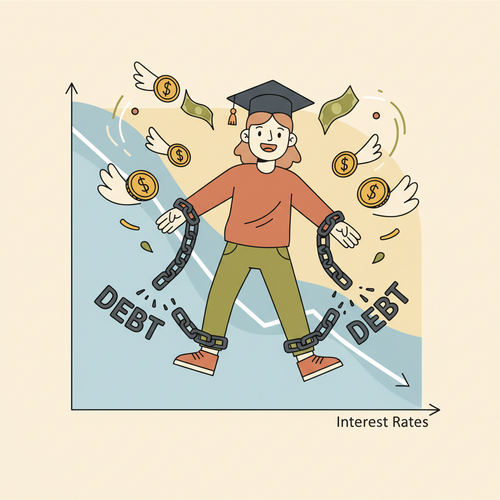 Illustration showing the benefits of student loan refinancing, with lower interest rates symbolized by a downward graph and lighter financial burdens.