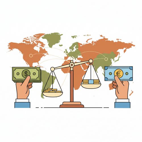 Illustration of a traveler considering whether to pay in local currency vs USD, with exchange rates depicted by a changing scale.