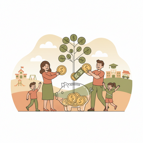 Illustration of a family teaching kids about money, with age-appropriate lessons on financial literacy.