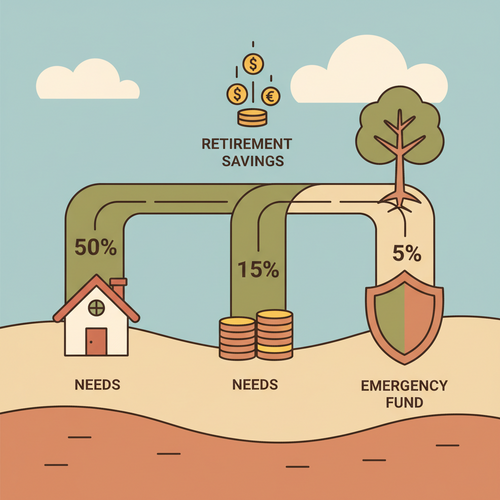 Illustration of the 50/15/5 Rule showing money flowing into containers for needs, retirement savings, and an emergency fund.