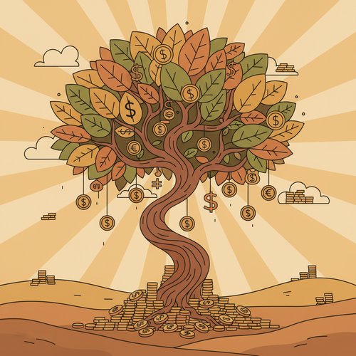 A cartoon illustration representing the 52-Week Money Challenge, showing money growing in a tree for painless savings.