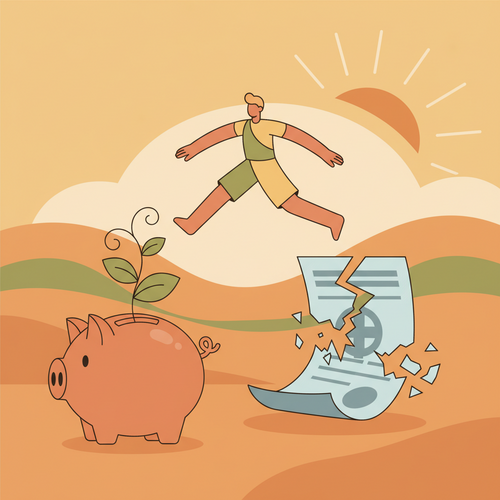 Flat design illustration showing the financial benefits of preventive healthcare, with a healthy plant growing from a piggy bank and medical bills being avoided.