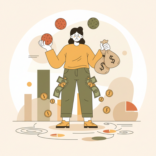 Flat design illustration depicting the hidden financial costs of chronic stress, showing money draining from a stressed person.
